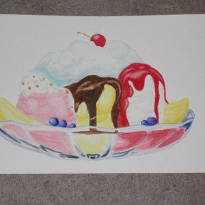 New, Banana Split watercolor painting, 6"x9"